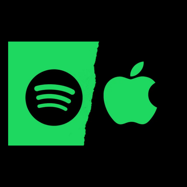 EU flag and Apple and Spotify logos symbolizing the $2 billion antitrust fine